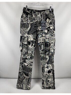 Rebel Vengeance Pants Mens 28 All Over Skull & Snakes Tapestry Cargo (28x32) NWT